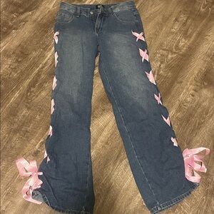 Dark Wash Wide-Leg Jeans with Pink Ribbon Side-Tie Detail